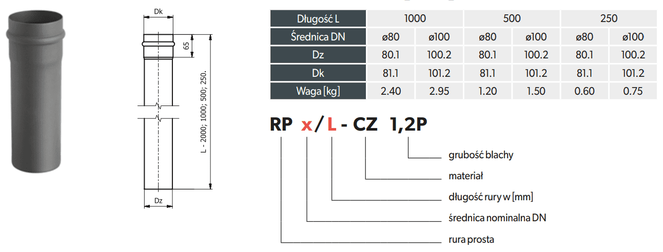 Rura prosta do pelletu Darco 80/1000