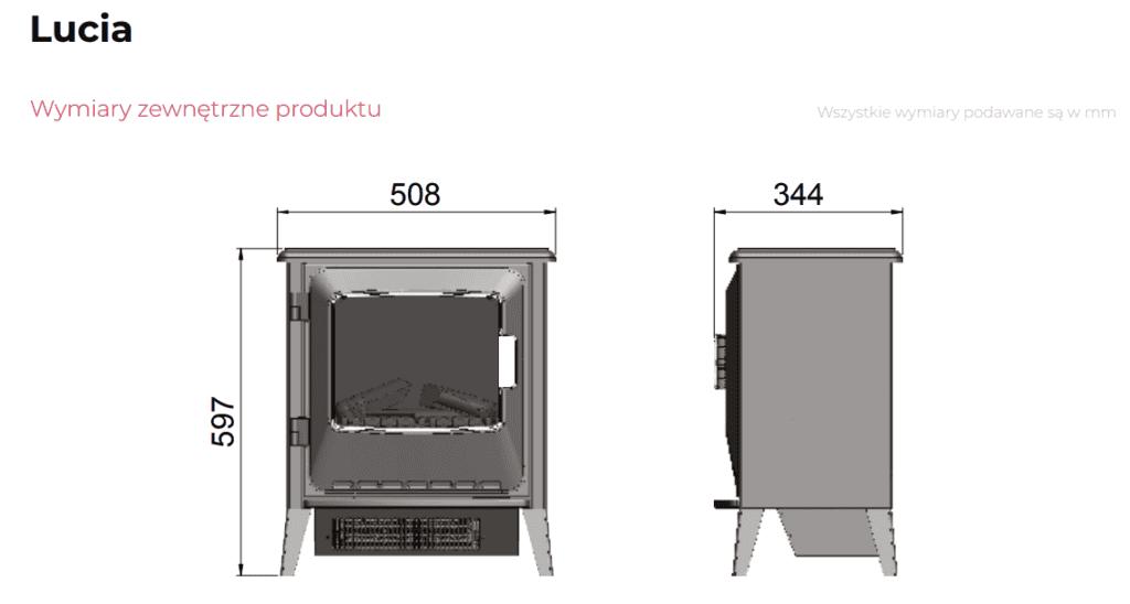 wymiary kominek wolnostojacy elektryczny dimplex lucia