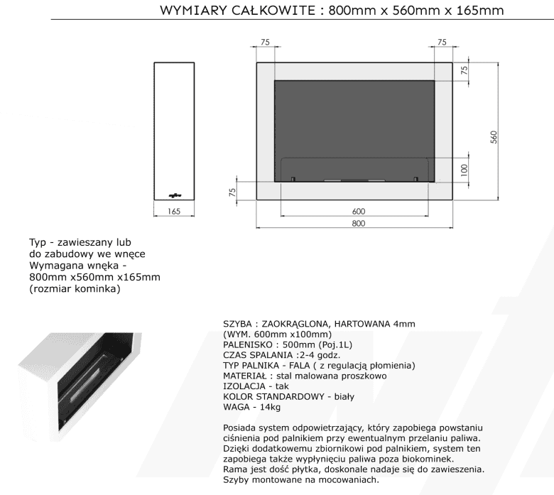 infire biokominek wiszący murall 800