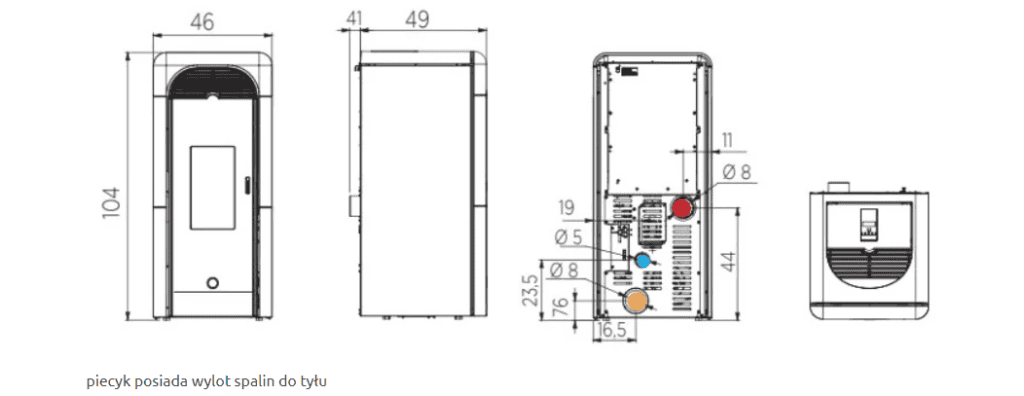 piecyk wolnostojący na pellet berry 90+ do dystrybucji ciepłego powietrza wymiary