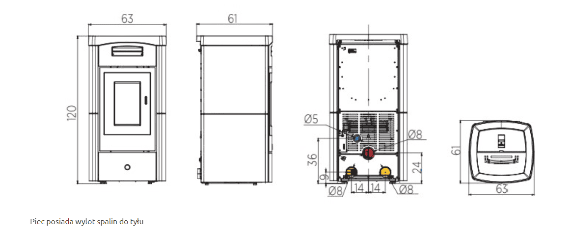 wymiary hermetyczny piecyk na pellet ek 63 daily 130++