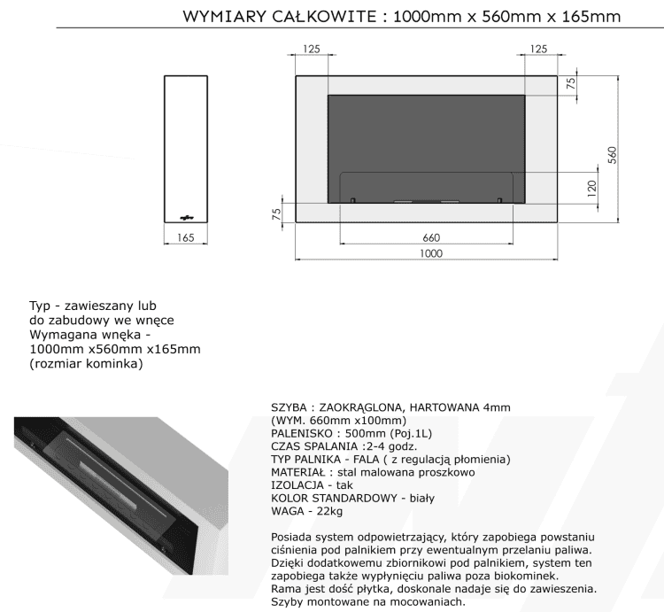 wymiary murall 1000 biokominek wiszący